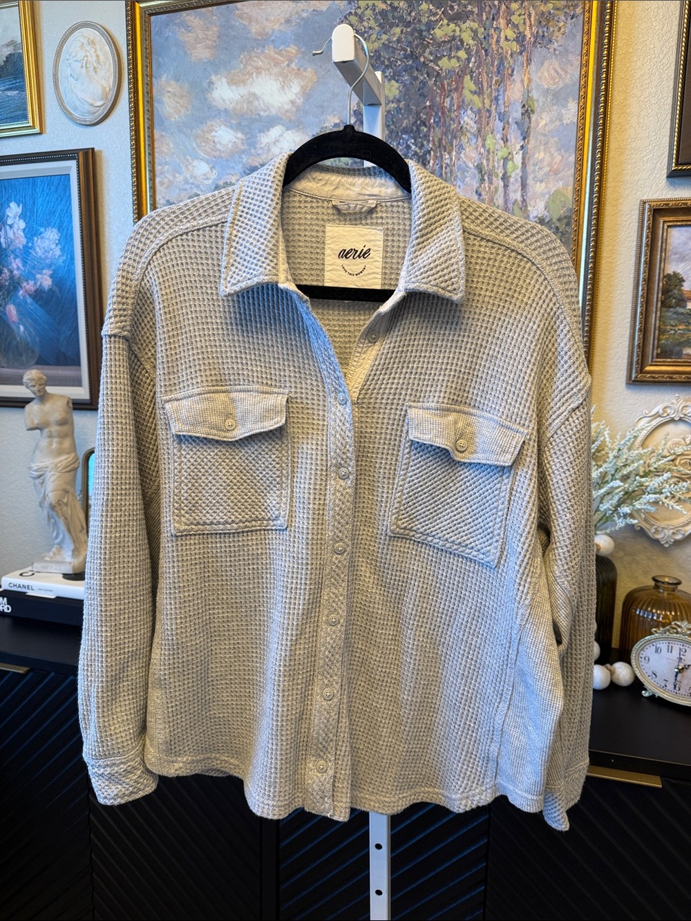 aerie Light Gray Waffle Knit Button-Up Shirt Jacket